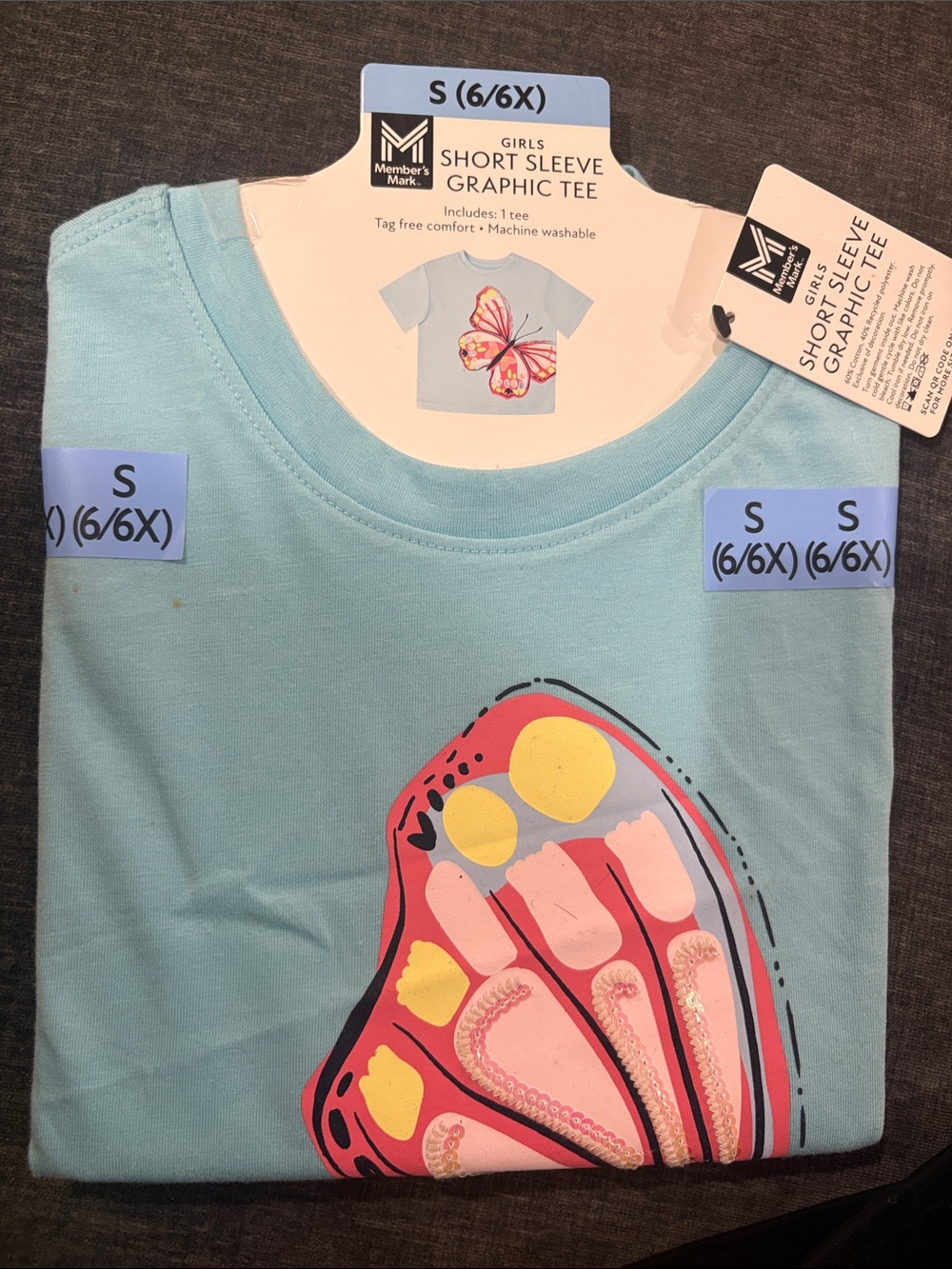Girls' Short Sleeve Graphic Tee - Member's Mark Light Blue with Pink Butterfly